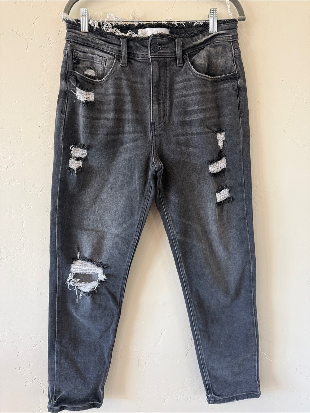KanCan Women’s Distressed Charcoal Black Slim Straight Jeans